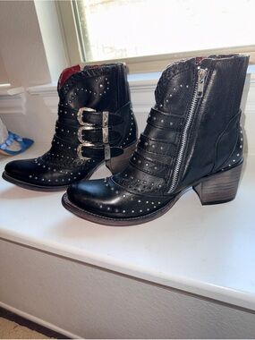 Freebird by Steven Savanna Black Studded Leather Ankle Boots with Silver Buckles